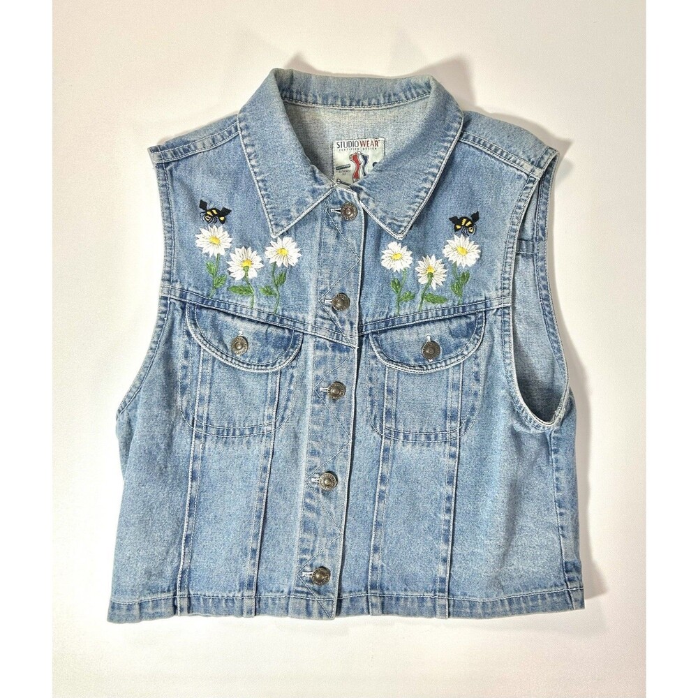 Vintage Studio Wear M Denim Vest Embroidered Bumblebees & Daisy Flowers